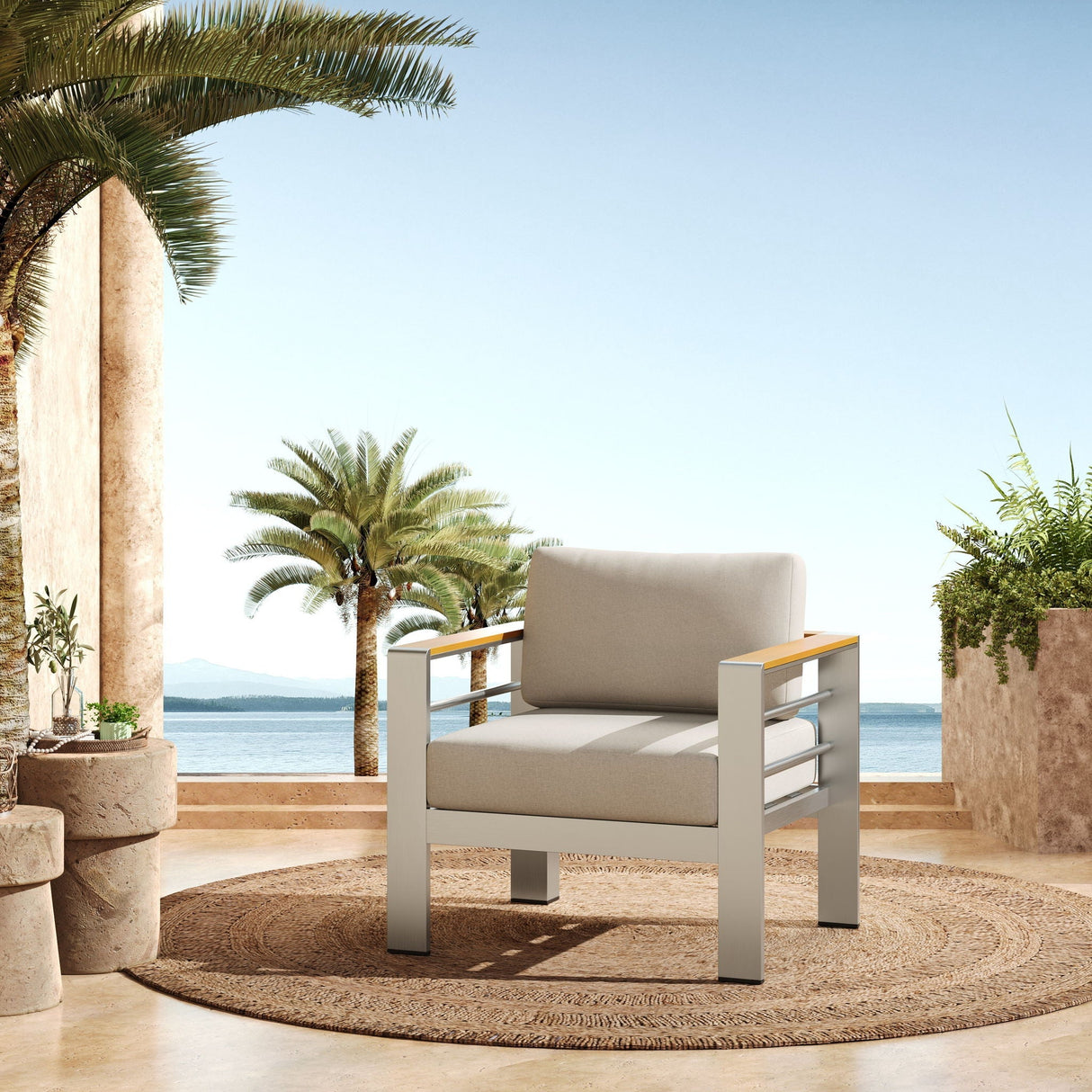 Cora Outdoor Aluminum Club Chair - Silver / Beige