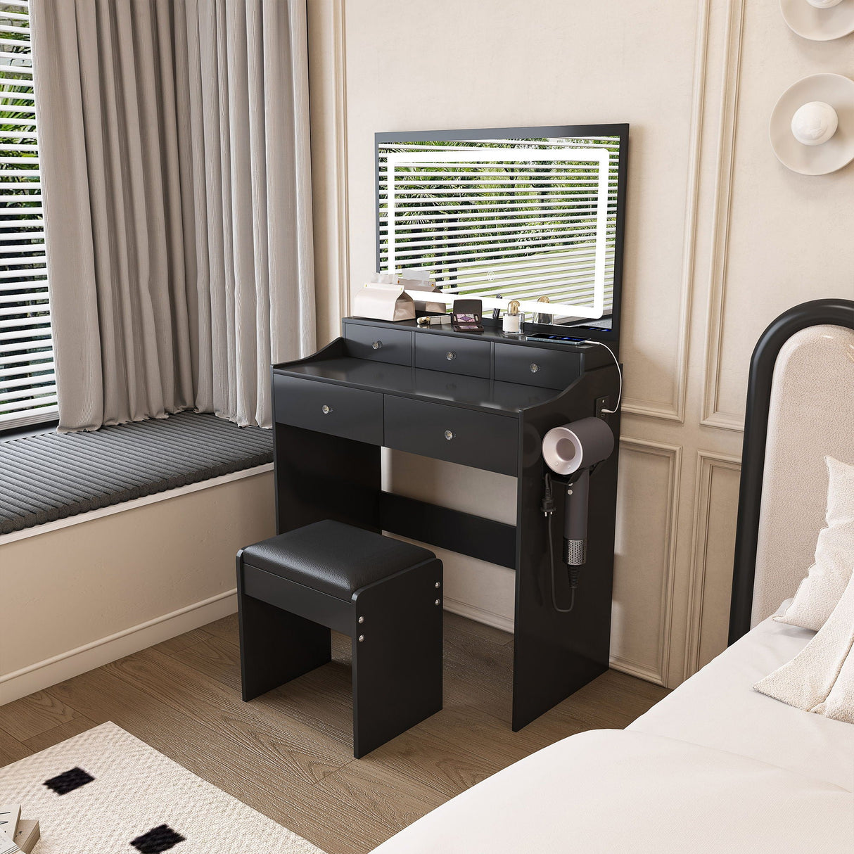 Modern Makeup Vanity Set With Power Outlet, Hair Dryer Holder, And Adjustable Lighting