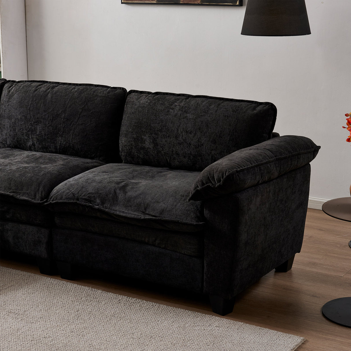 Living Room Furniture Big Loveseat Luxury Couch with Soft Chenille Upholstered Sofa Black