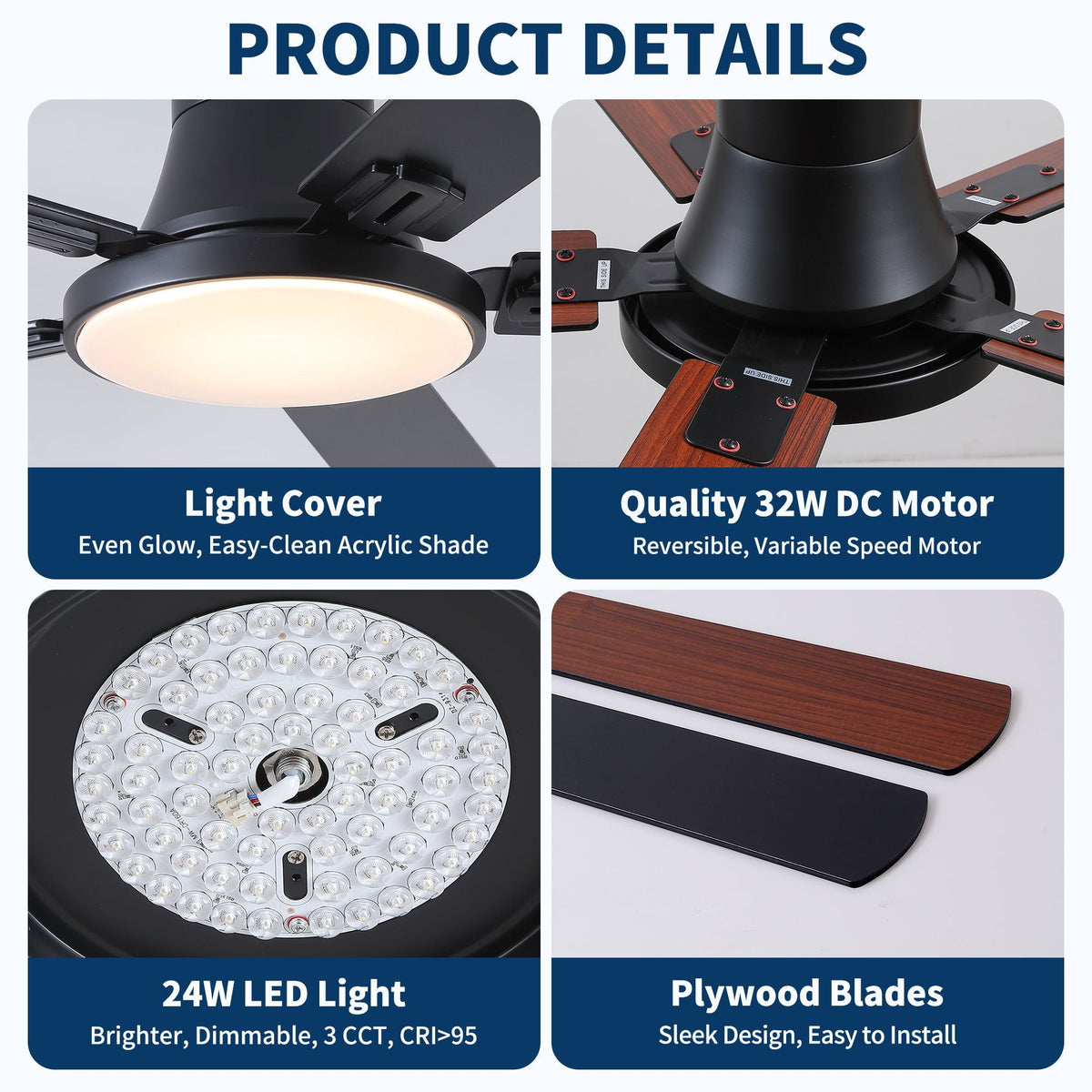 Flush Mount Ceiling Fans With LED Light And Remote Control, 5 Blades