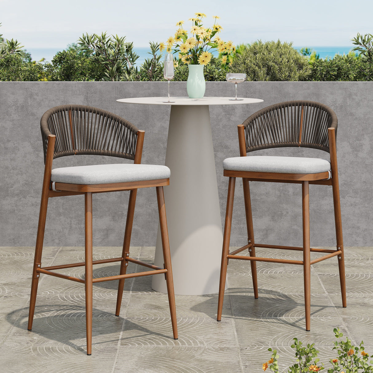 Outdoor 30.25' Bar Height Aluminum Frame Counter Stools with Scallop-shaped Backrest & Water-resistant CushionsSet of 2Teak Finish