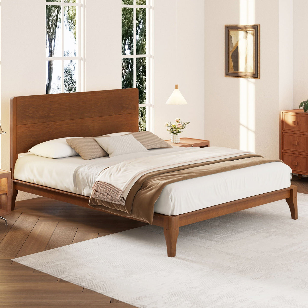 Mid-Century Modern Bamboo Platform Bed With Slat Support, No Box Spring Needed