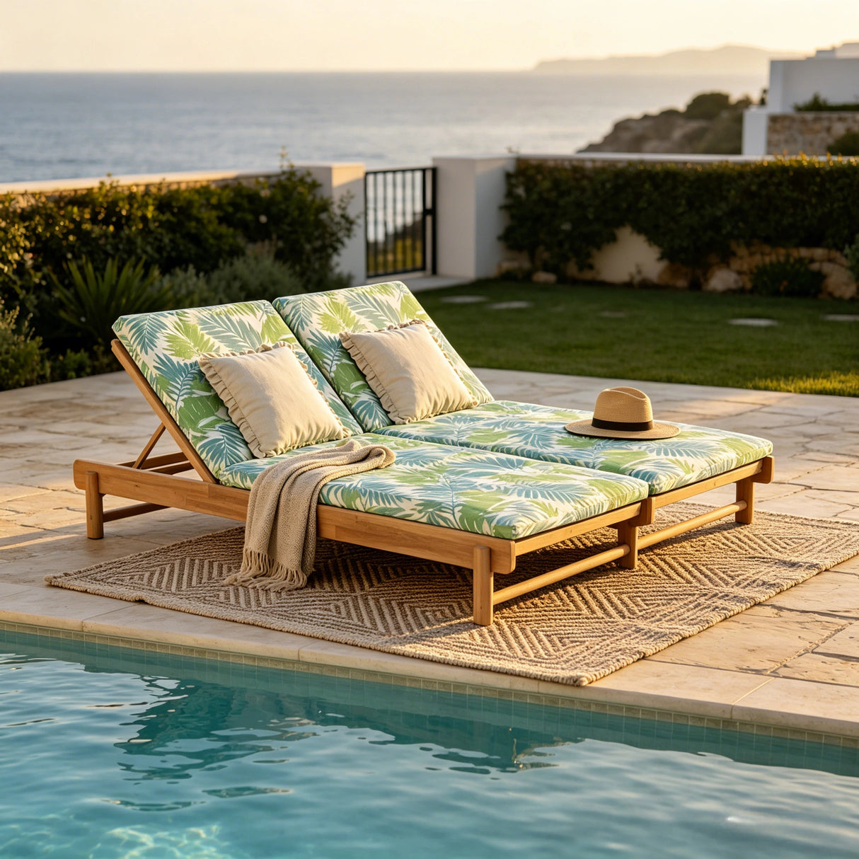 Light Teak Acacia Wood Double Chaise Lounger Set
