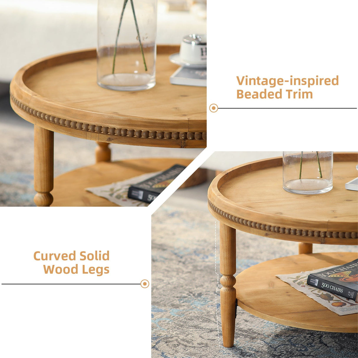 31.3' Round Boho Coffee Table with Storage Shelf