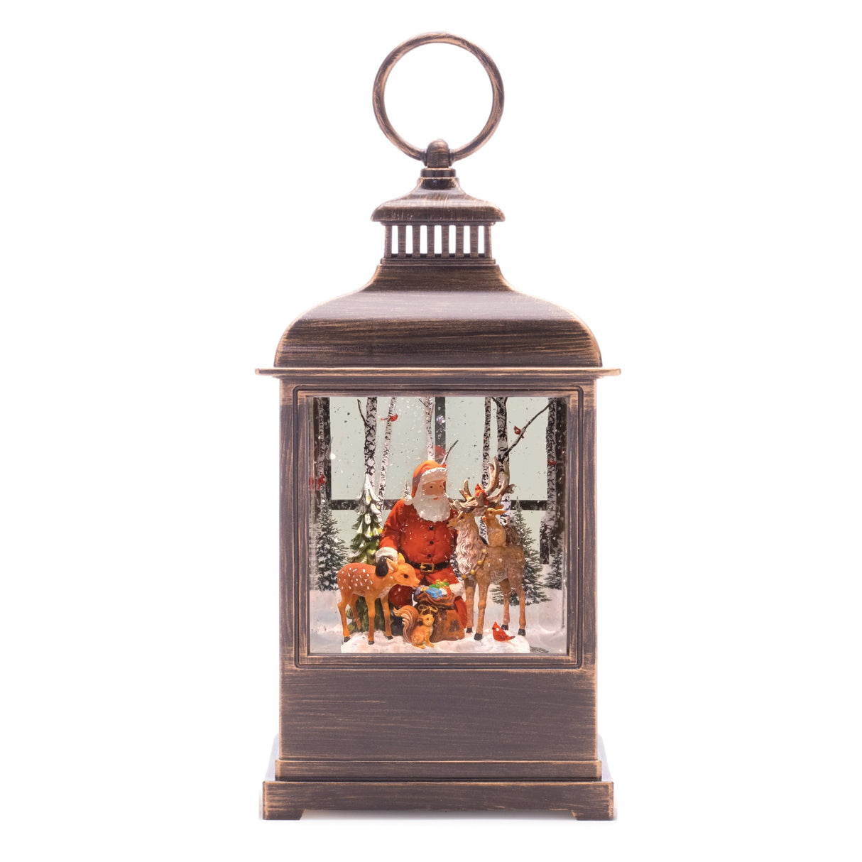 Led santa and woodland animals snow globe 9"h