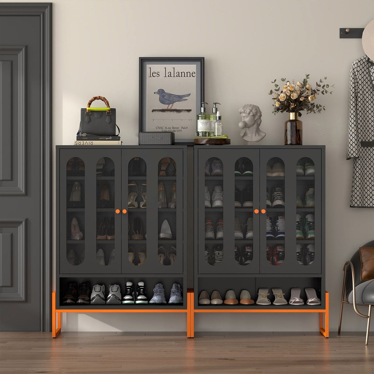 Modern Metal Shoe Cabinet With DoublebSided Doors And Adjustable Partitions