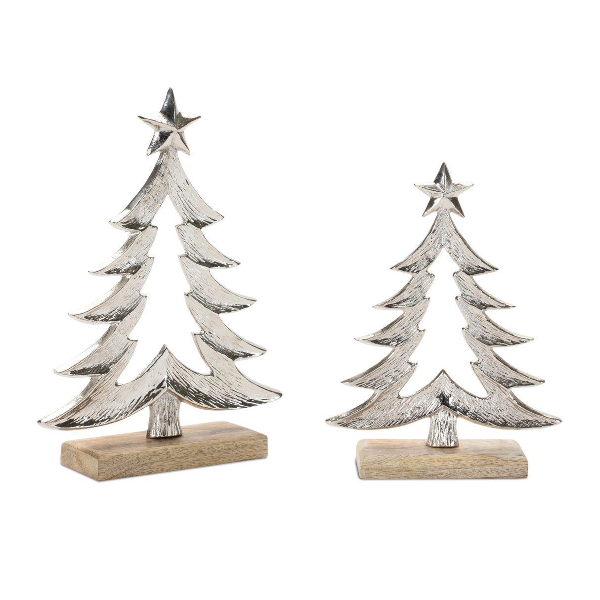 Metal-Christmas-Tree-with-Wood-Base-(Set-of-2)-Christmas-Trees