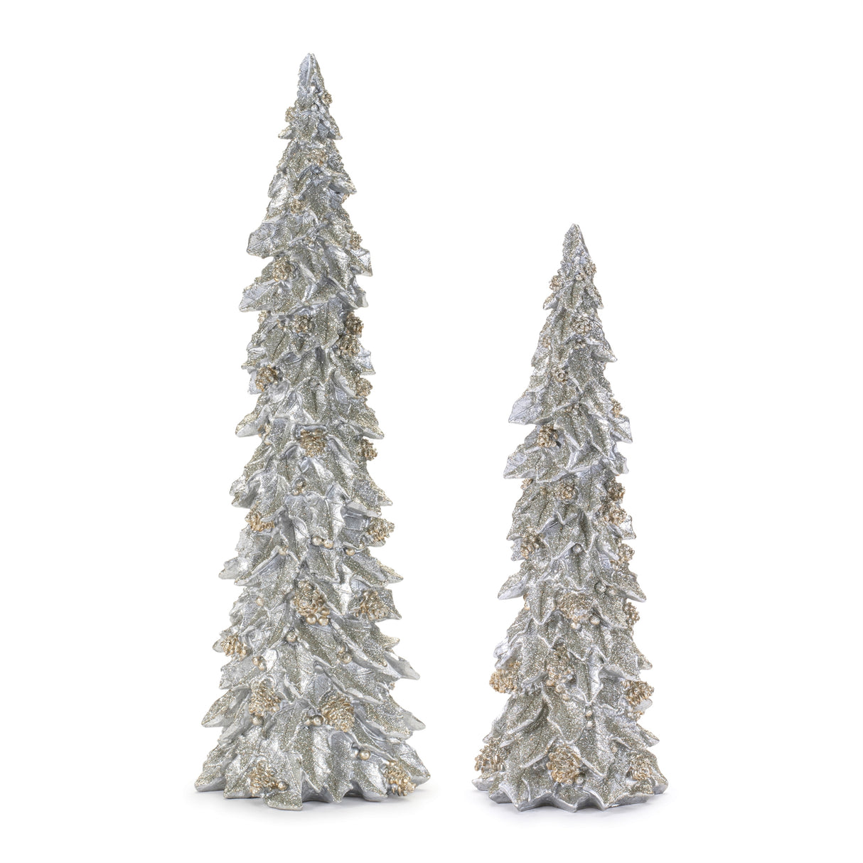 Glittered-holly-leaf-pine-tree-(set-of-2)-Christmas-Decor