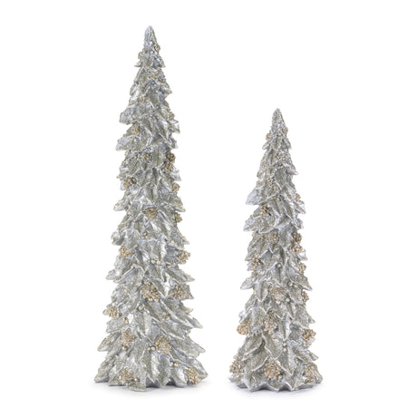 Glittered-holly-leaf-pine-tree-(set-of-2)-Christmas-Decor