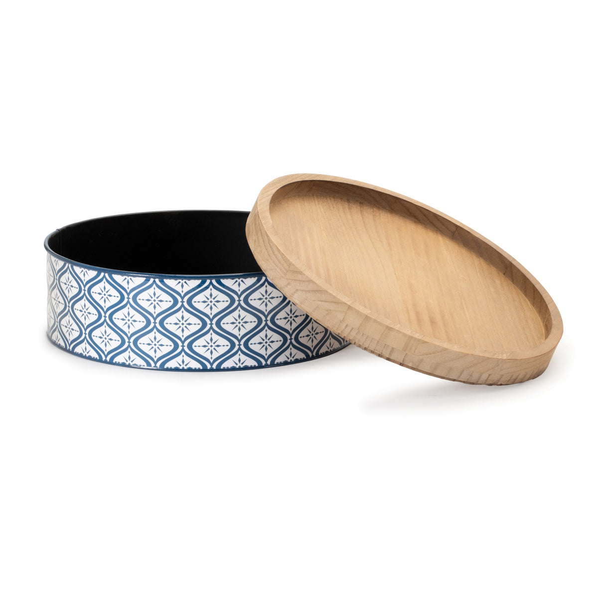 Metal patterned canister with natural wood lid (set of 2)