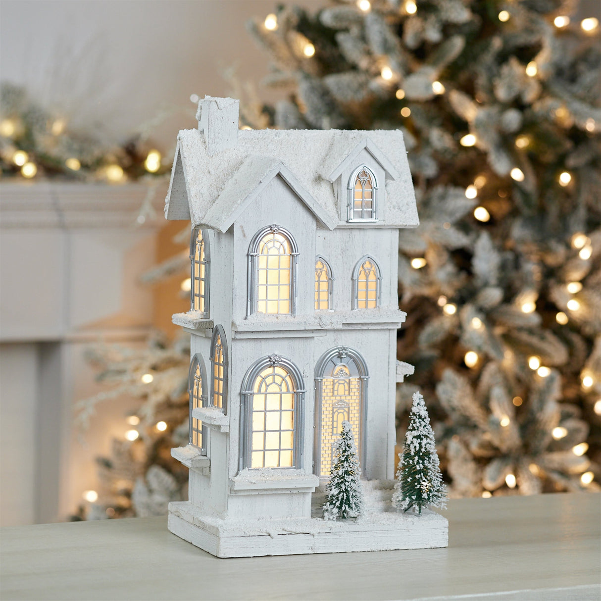 LED Flocked Wooden House 21.5"H