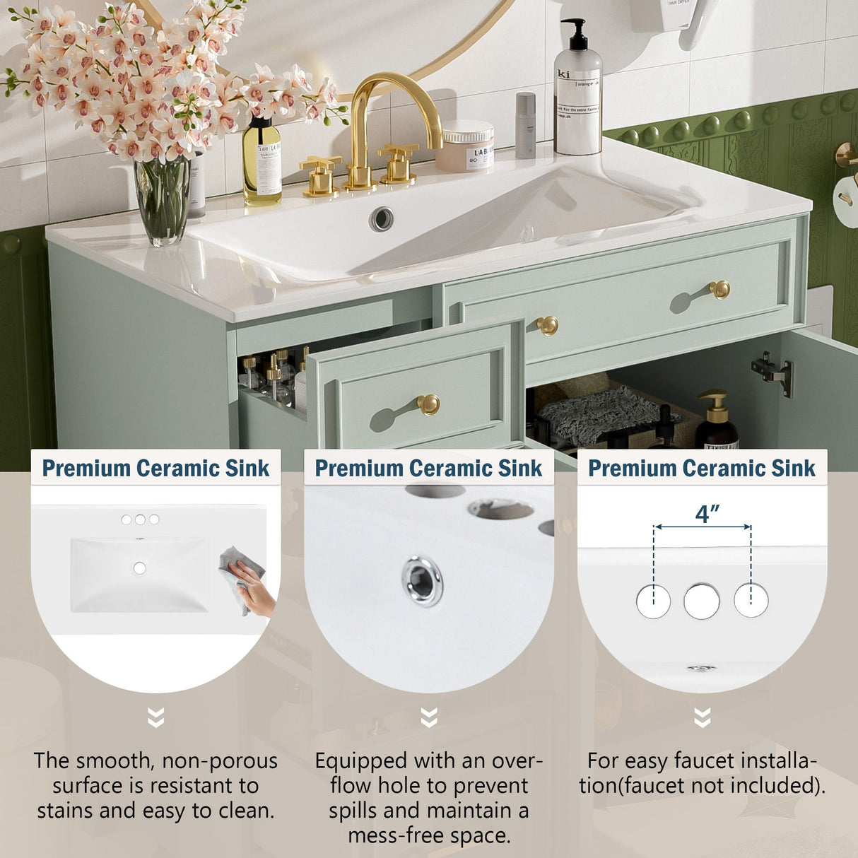 Bathroom Vanity With Sink, Soft Close Doors, Adjustable Shelves