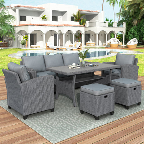 6-Piece-Outdoor-Rattan-Wicker-Set-Patio-Garden-Backyard-Sofa,-Chair,-Stools-and-Table,-Gray-Outdoor-Dining-Sets