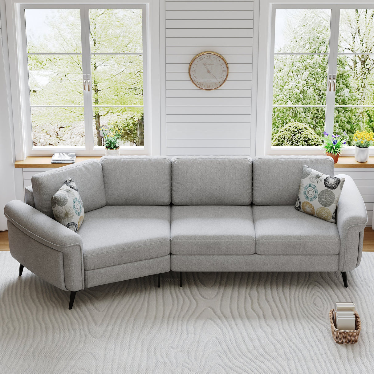111" Upholstered 3-Seater Sofa with Curved Design and Two Printed Pillows