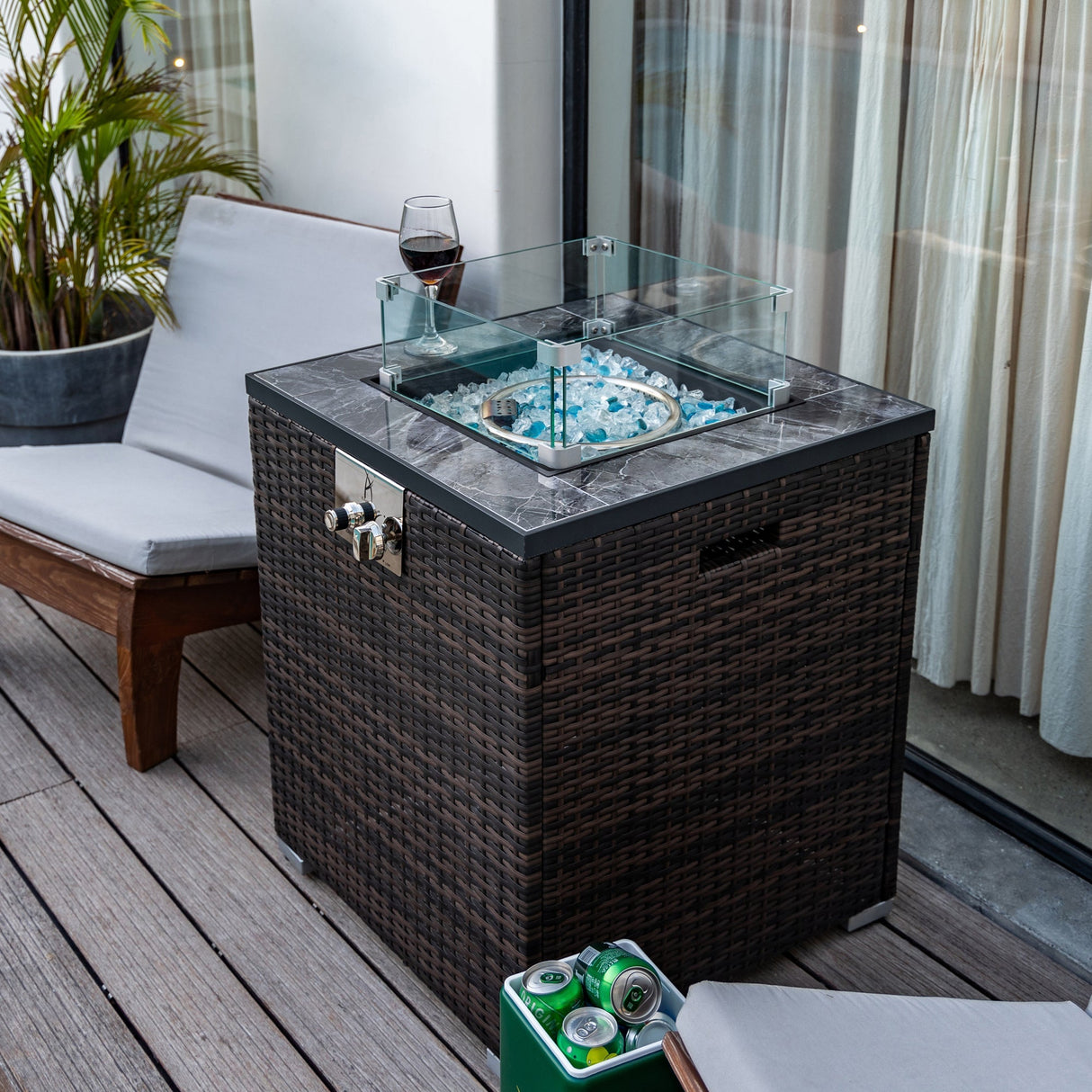 24" Propane Gas Fire Pit Table with Tile Tabletop and Wicker Base