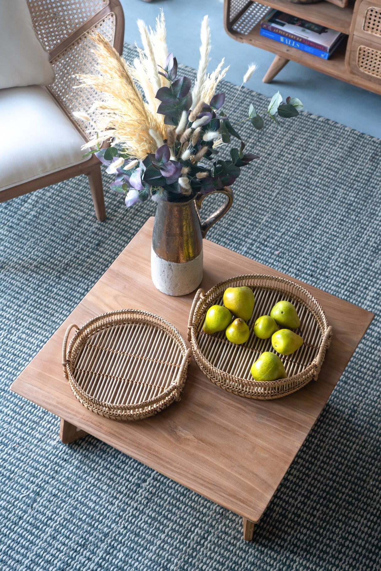 Set of 3 Round Decorative Brown Bamboo Woven Trays with Handles