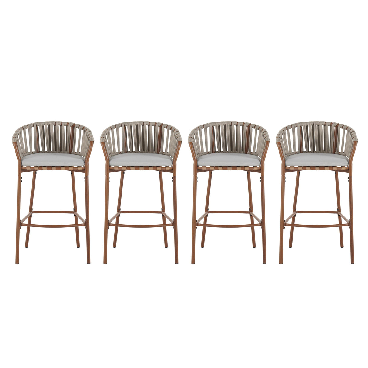 Lodi Outdoor Metal Rope Barstool, Teak Finished Frame and Beige Cushion, Set of 4