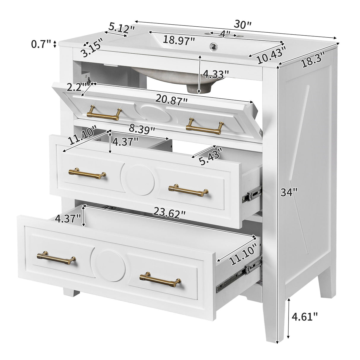 Retro Bathroom Vanity With Sink Combo, Free Standing Single Set With 3 Drawers