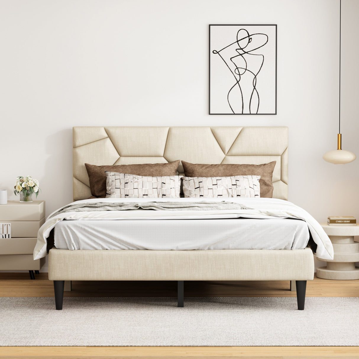 Queen Bed Frame with Linen Storage Headboard in Beige