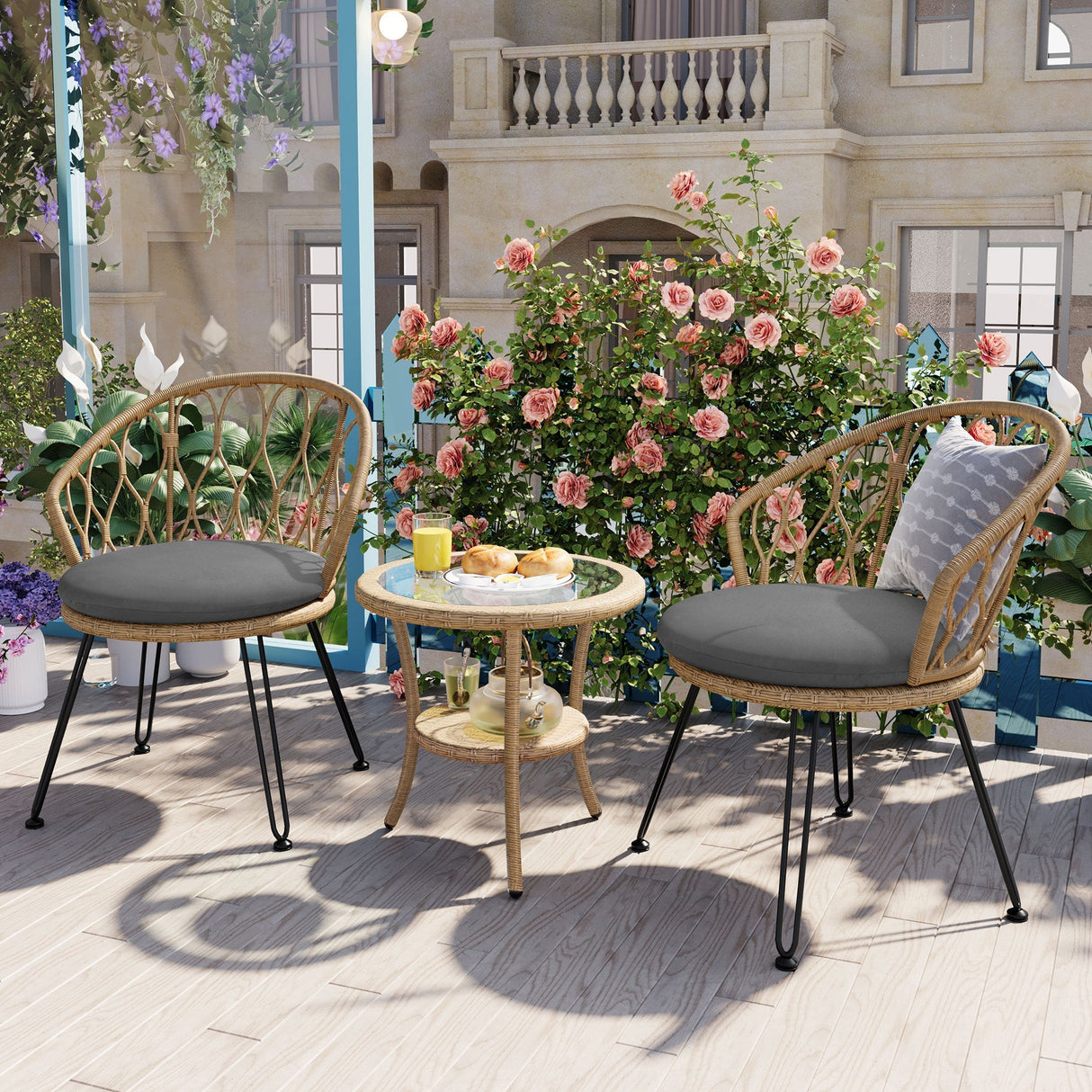 U_STYLE Outdoor Leisure Set with 2 Rattan Chairs & Glass Table