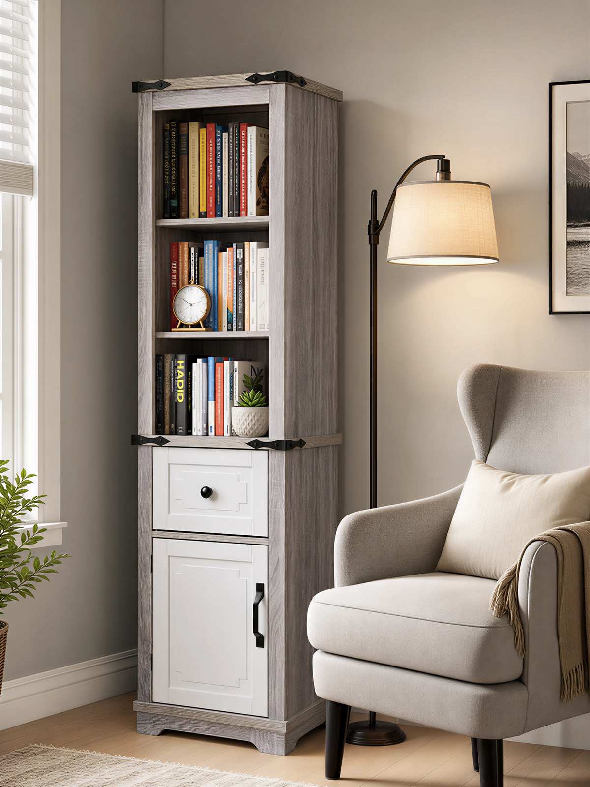 Narrow Bathroom Storage Cabinet with Adjustable Shelves - Grey White