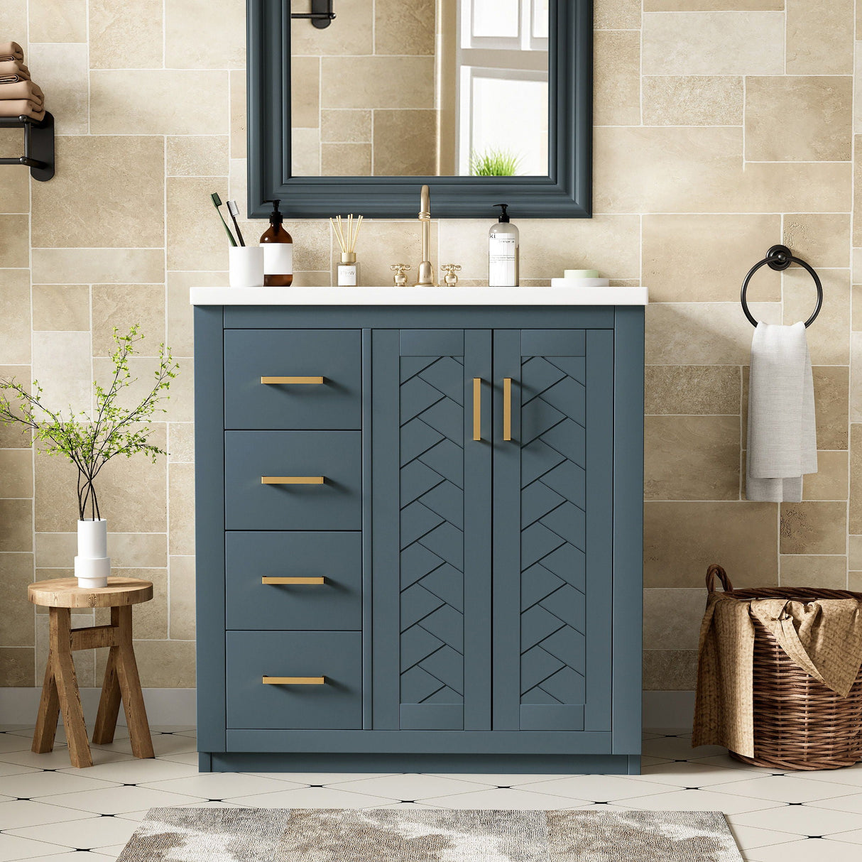 Ceramic Sink Combo, Freestanding Vanity Set With 3 Drawers & Soft Closing Doors