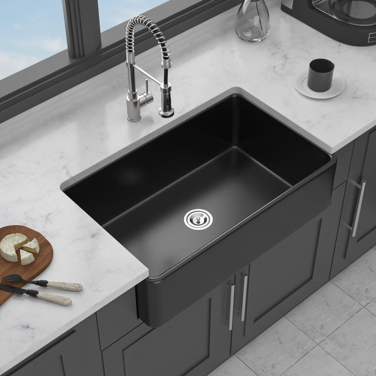 Farmhouse Ceramic Apron Front Single Bowl Kitchen Sink with Durable Design - White or Black