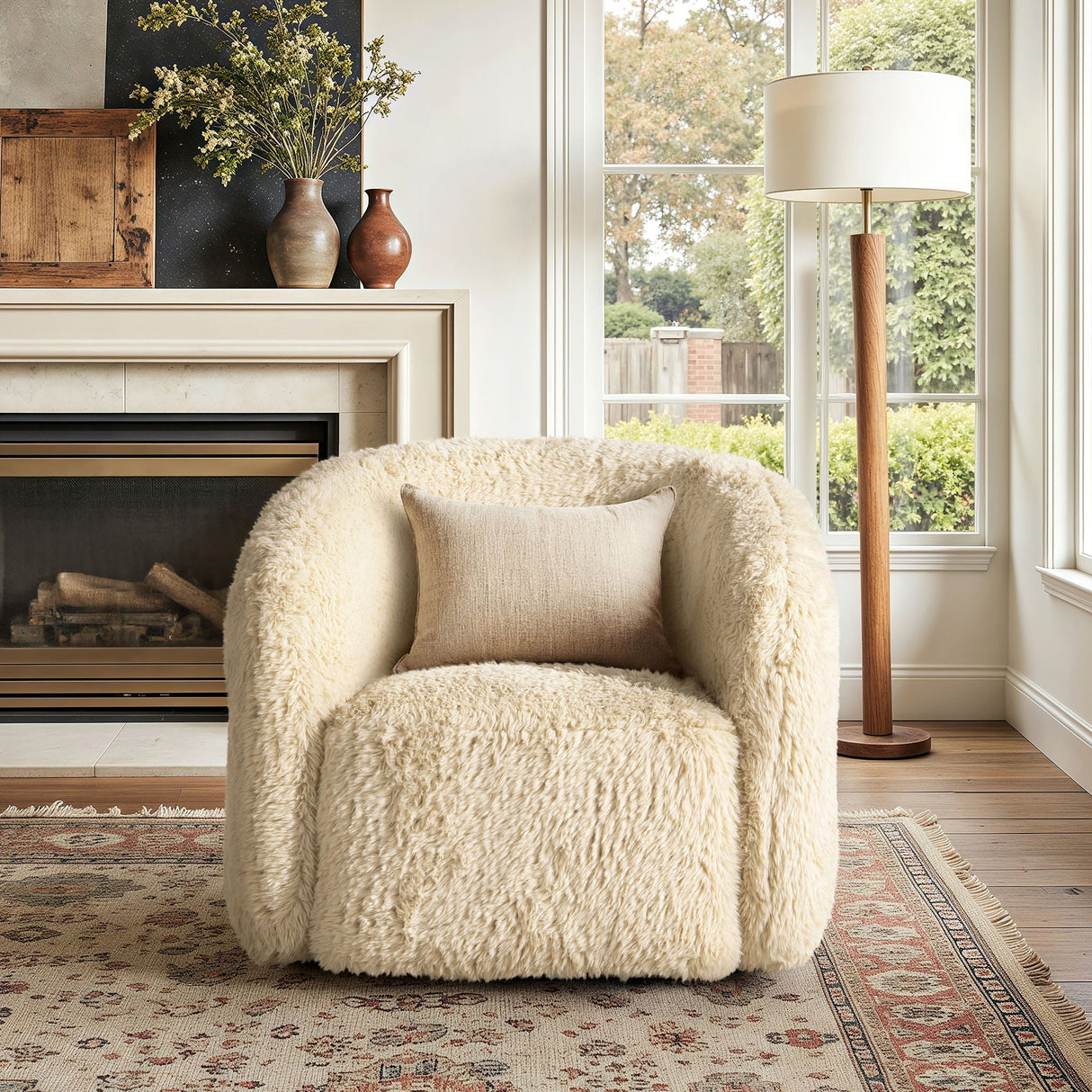 Colt Fur Swivel Upholstered Barrel Accent Arm Chair - Cream Beige