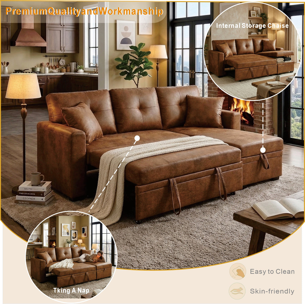 Reversible Chaise Sleeper Sofa with Pull-Out Bed