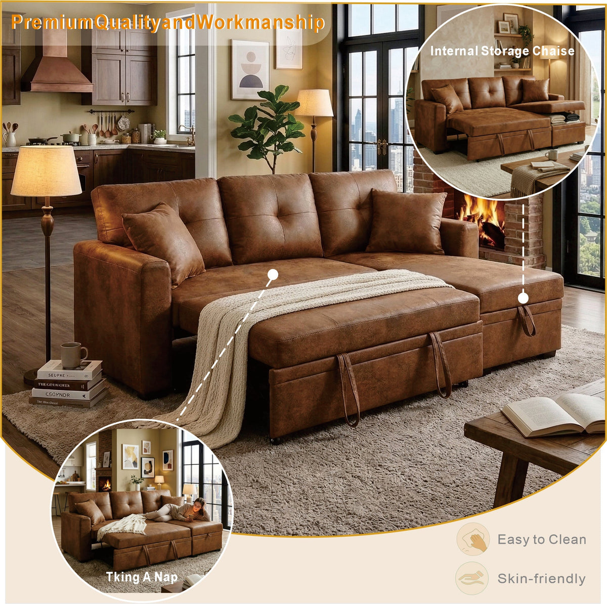Reversible Chaise Sleeper Sofa Bed with Pull-Out Storage - Gray