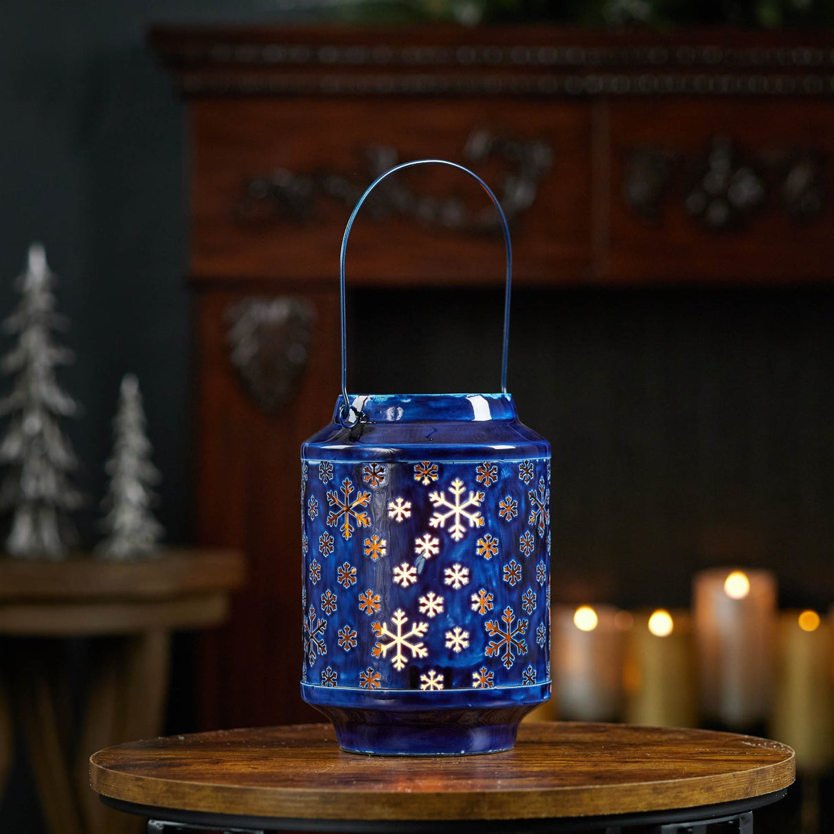 Snowflake Punched Metal Candle Lantern 9.5"H