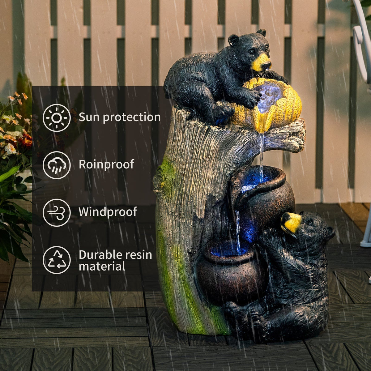 Bear Outdoor Water Fountain with LED Lights - Brown Grey