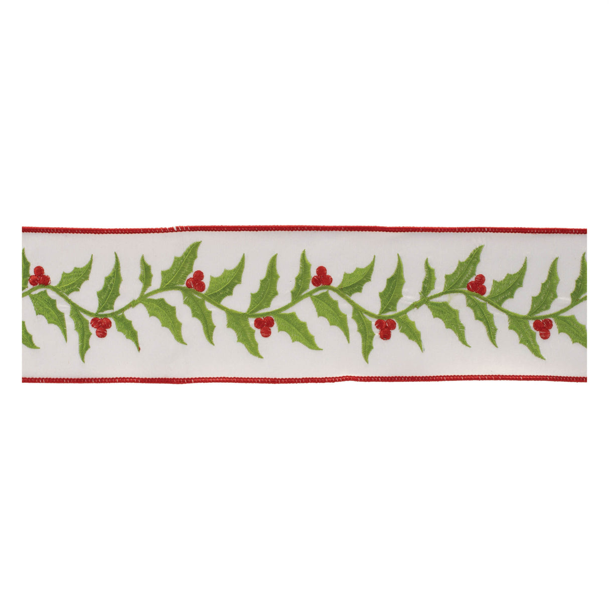 Embroidered holly leaf wired ribbon 4" x 5 yds.