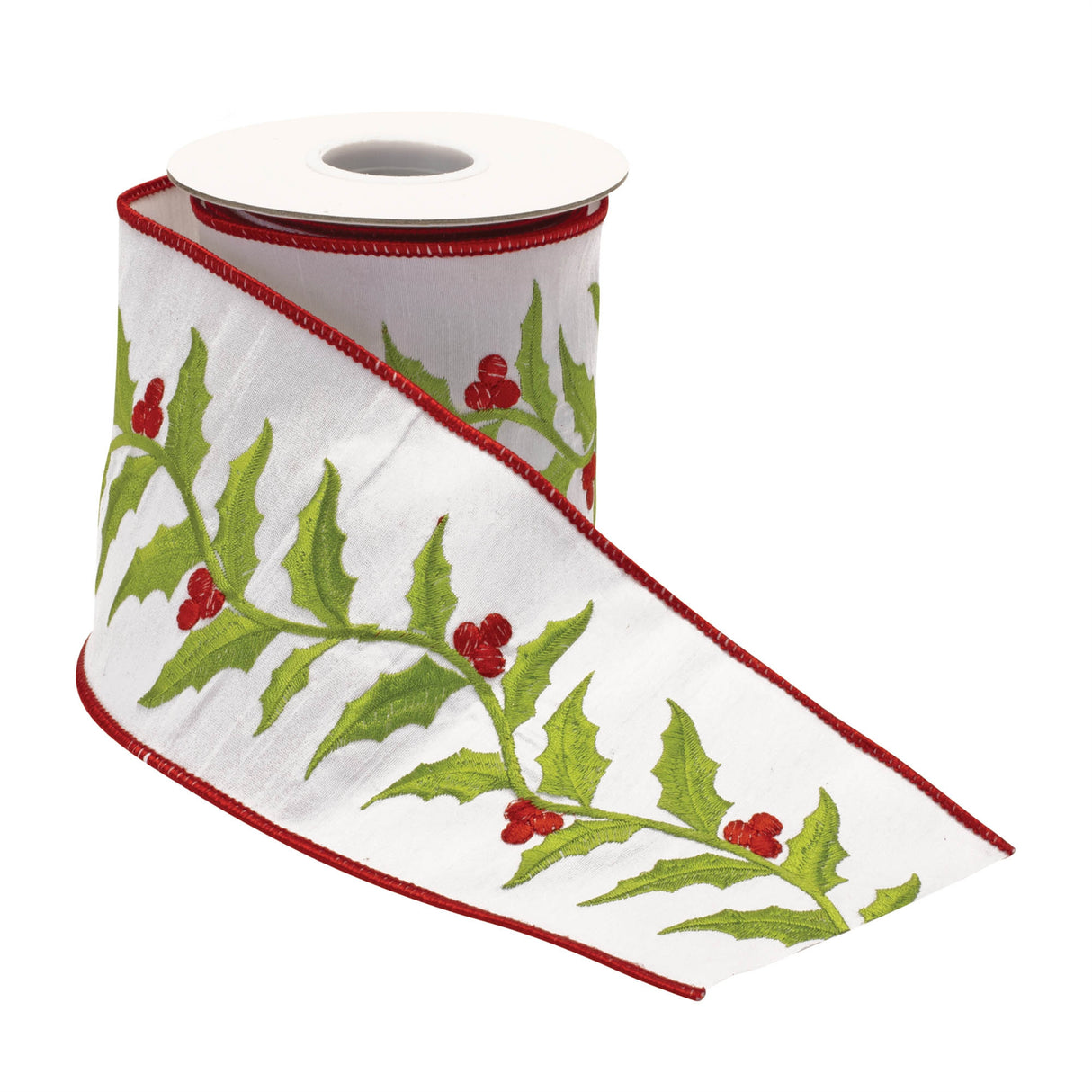 Embroidered holly leaf wired ribbon 4" x 5 yds.