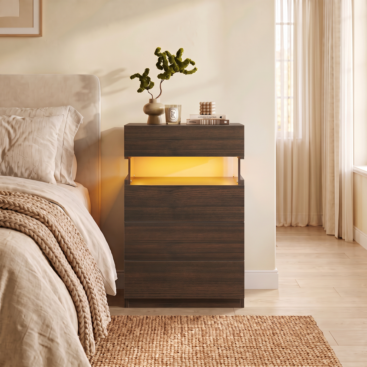 Nightstand with LED Lights and 4 Drawers