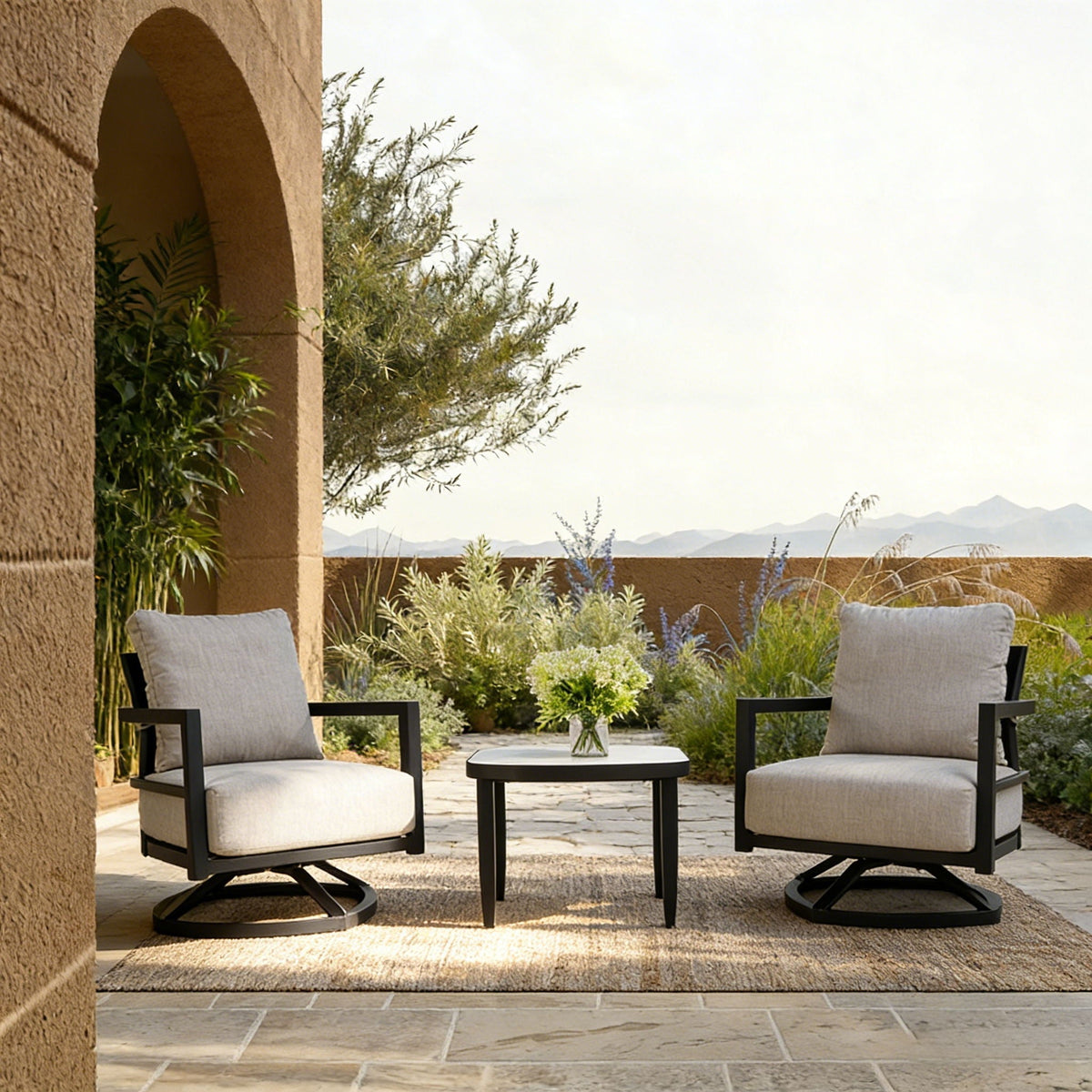 Outdoor Patio Furniture, Chat Set, Sunbrella Cushions And Side Table