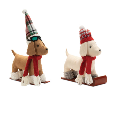 Plush-dog-character-on-sled-and-skis-(set-of-2)-Decorative-Objects