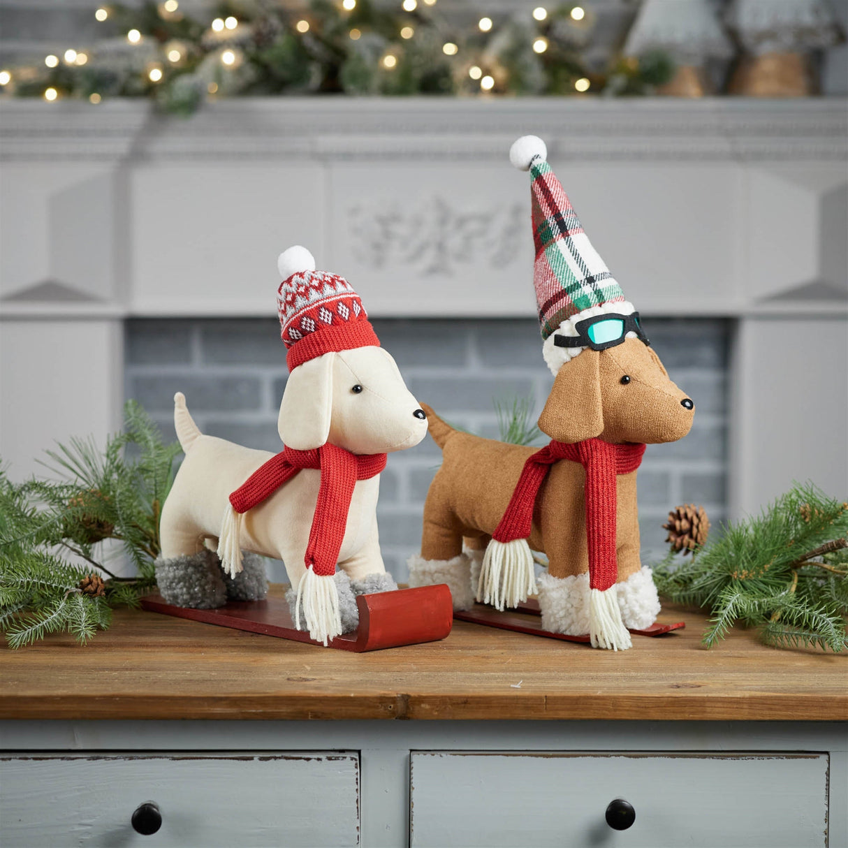 Plush Dog Character on Sled and Skis (Set of 2)