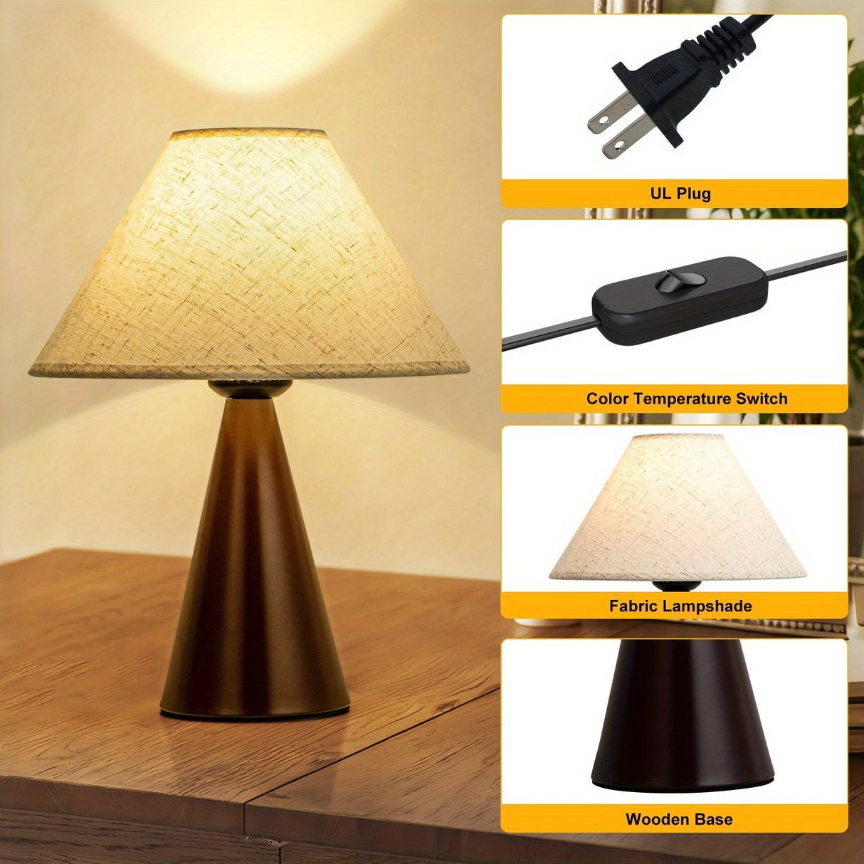 Modern Bedside Table Lamps Set of 2 – 3 Color Fabric Shade Nightstand Lights