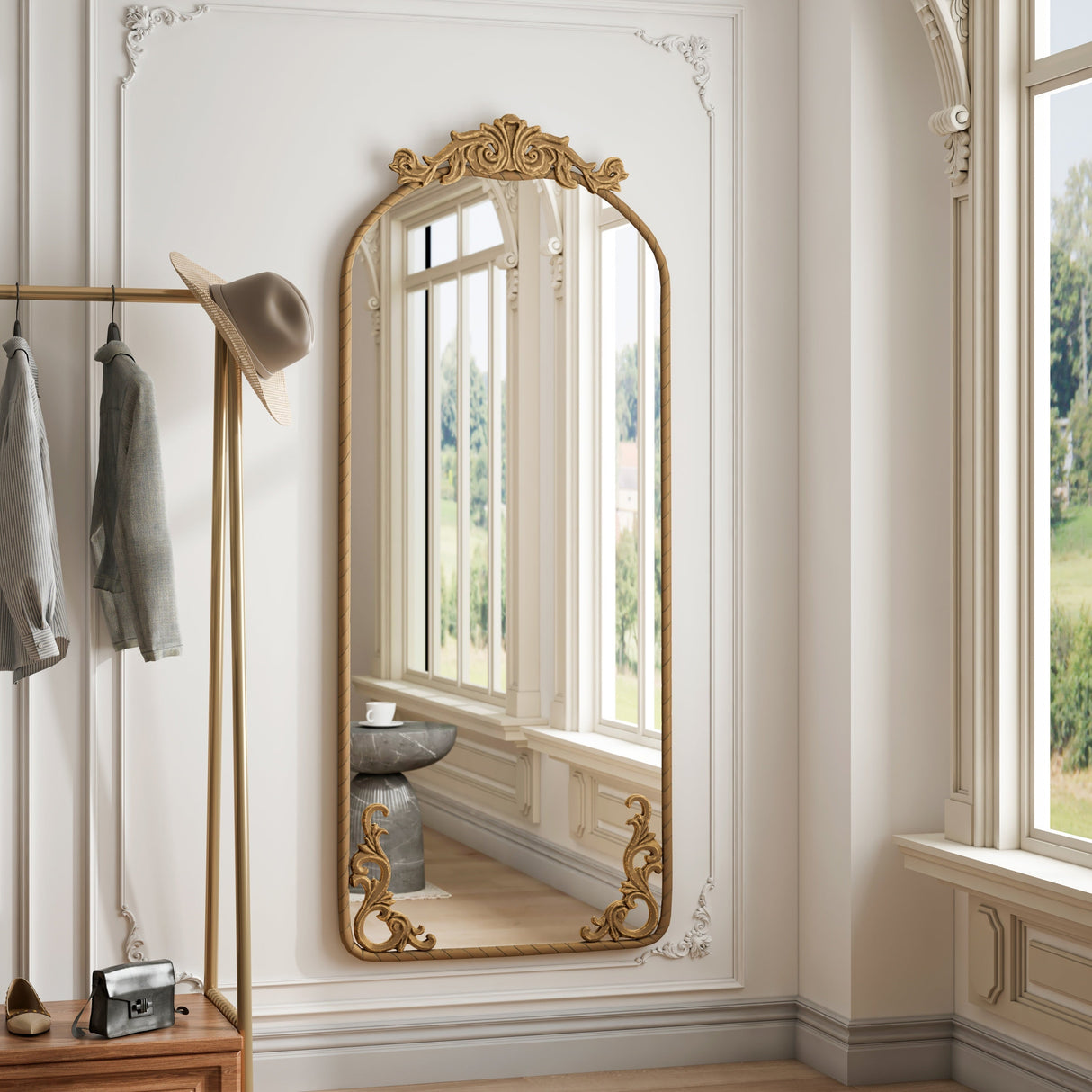 Retro Arched Full Body Mirror with Vintage Carved Applique