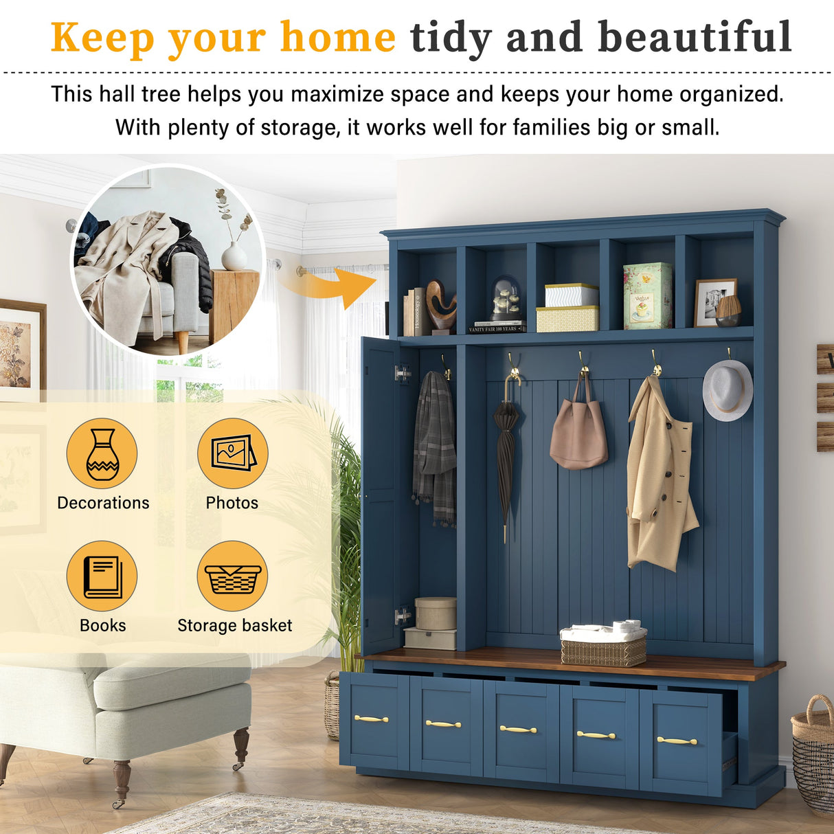 U-Can Entryway Hall Tree with Coat Hooks, Shoe Bench & Drawer Storage Cabinet