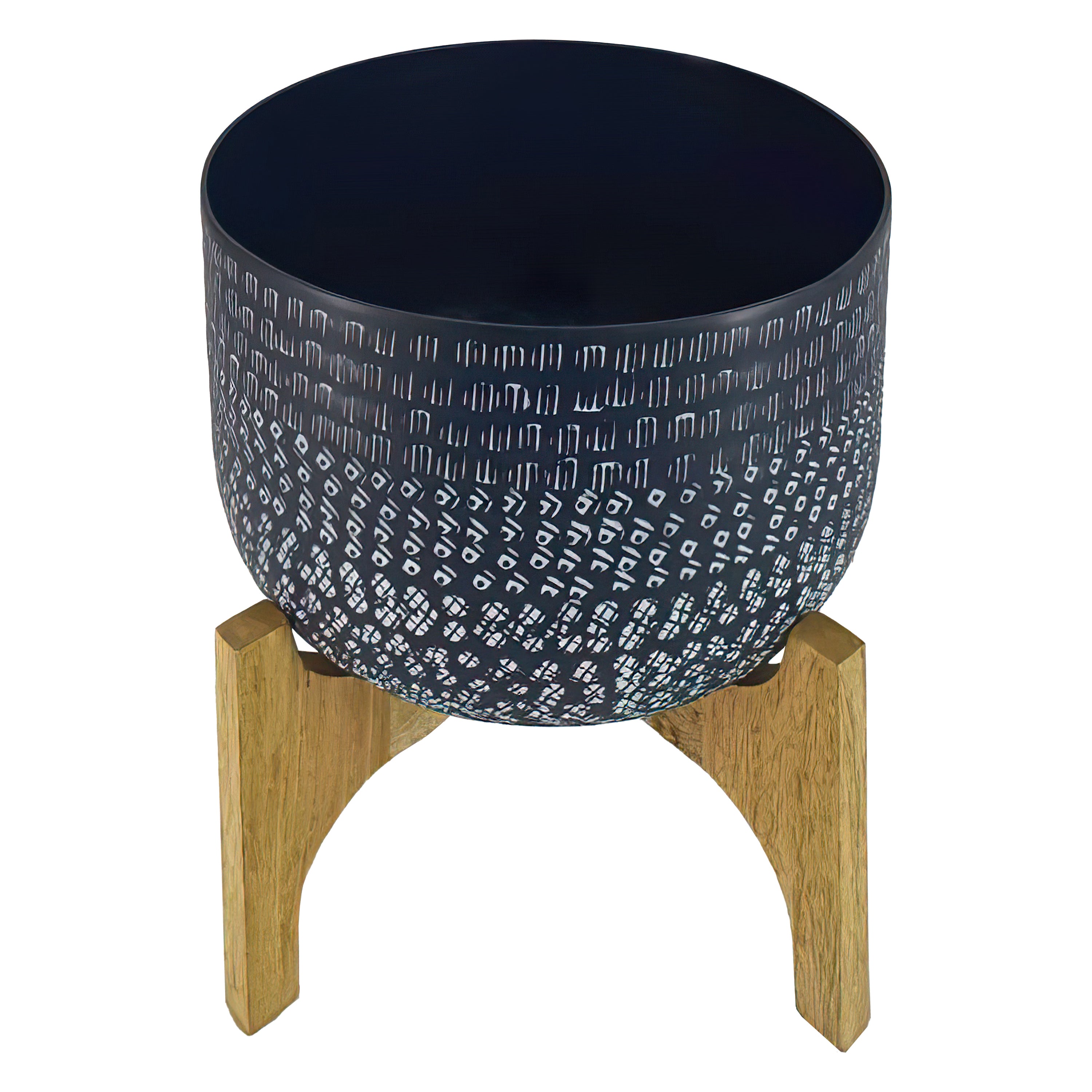 Alex-12-Inch-Artisanal-Industrial-Round-Hammered-Metal-Planter-Pot-with-Wood-Arch-Stand,-Midnight-Blue-Pots-&-Planters
