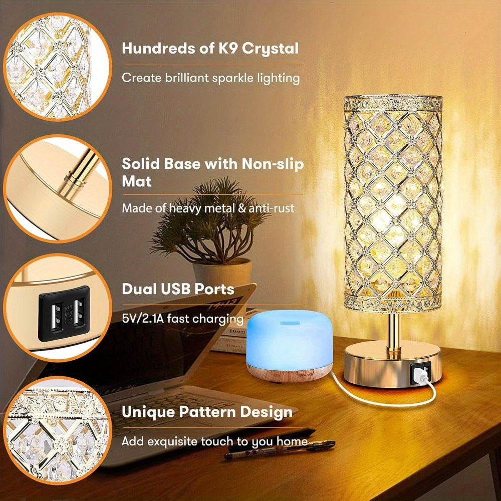Set of 2 Crystal Table Lamps – Touch Control USB Bedside Lights, 3-Way Dimmable