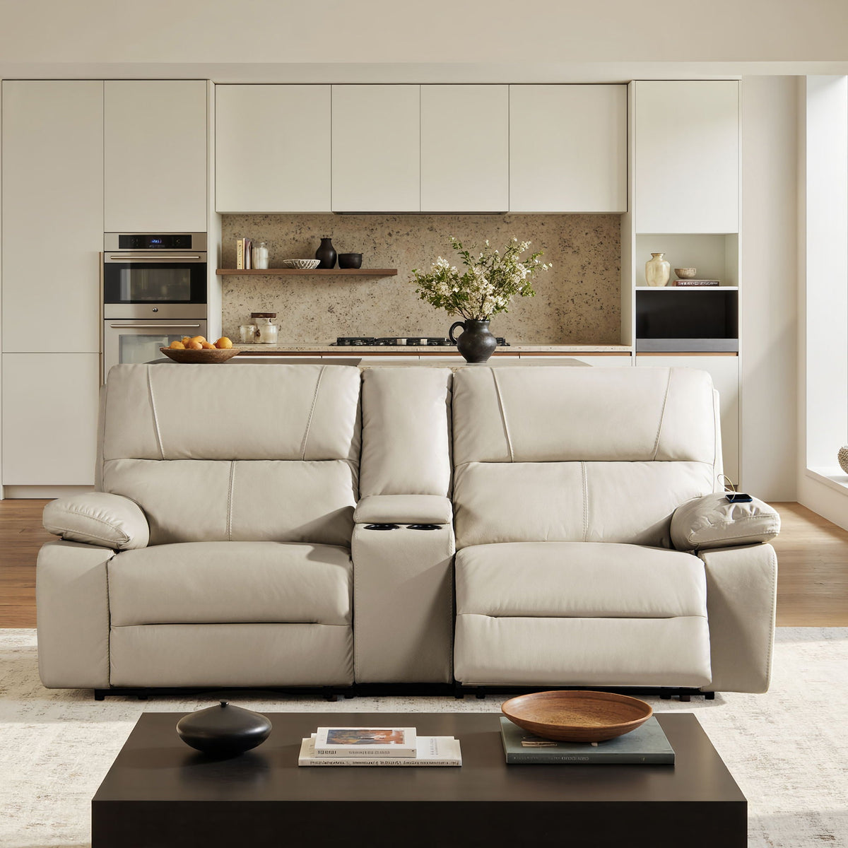 Malibu - Modern Power Motion 3 Piece Reclining Loveseat Sofa With Cup Holders - Cream Taupe Beige