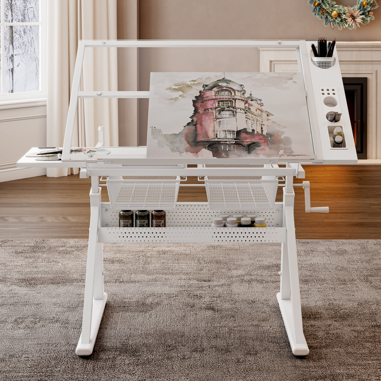 Hand Crank Adjustable Tempered Glass Drafting Table with Chair