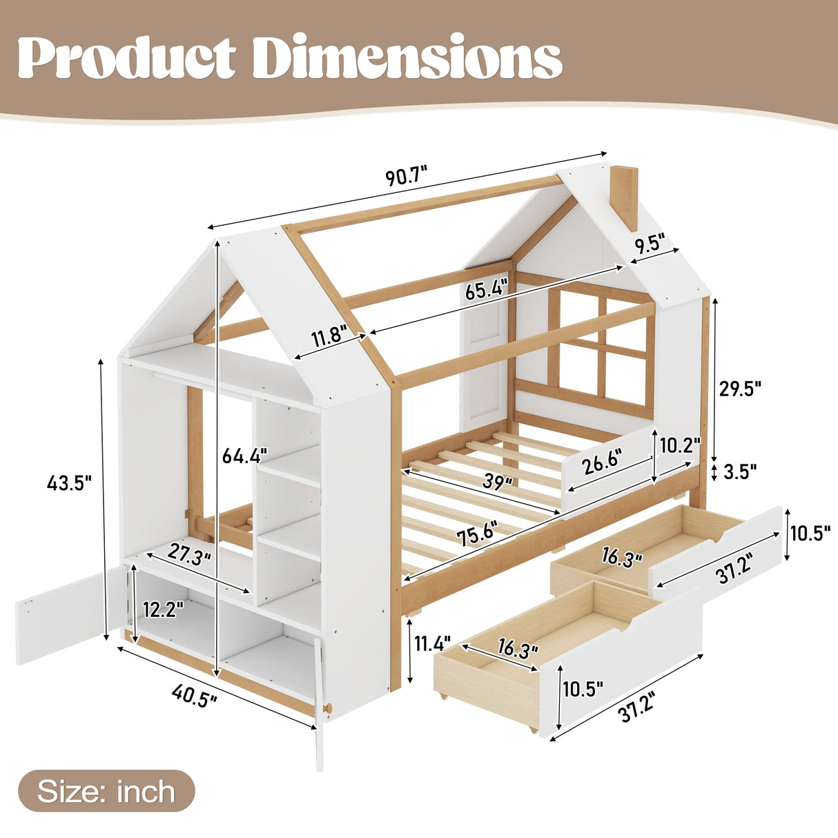 Twin Size House Platform Bed with Drawers, Solid Wood House Bed with Shelves