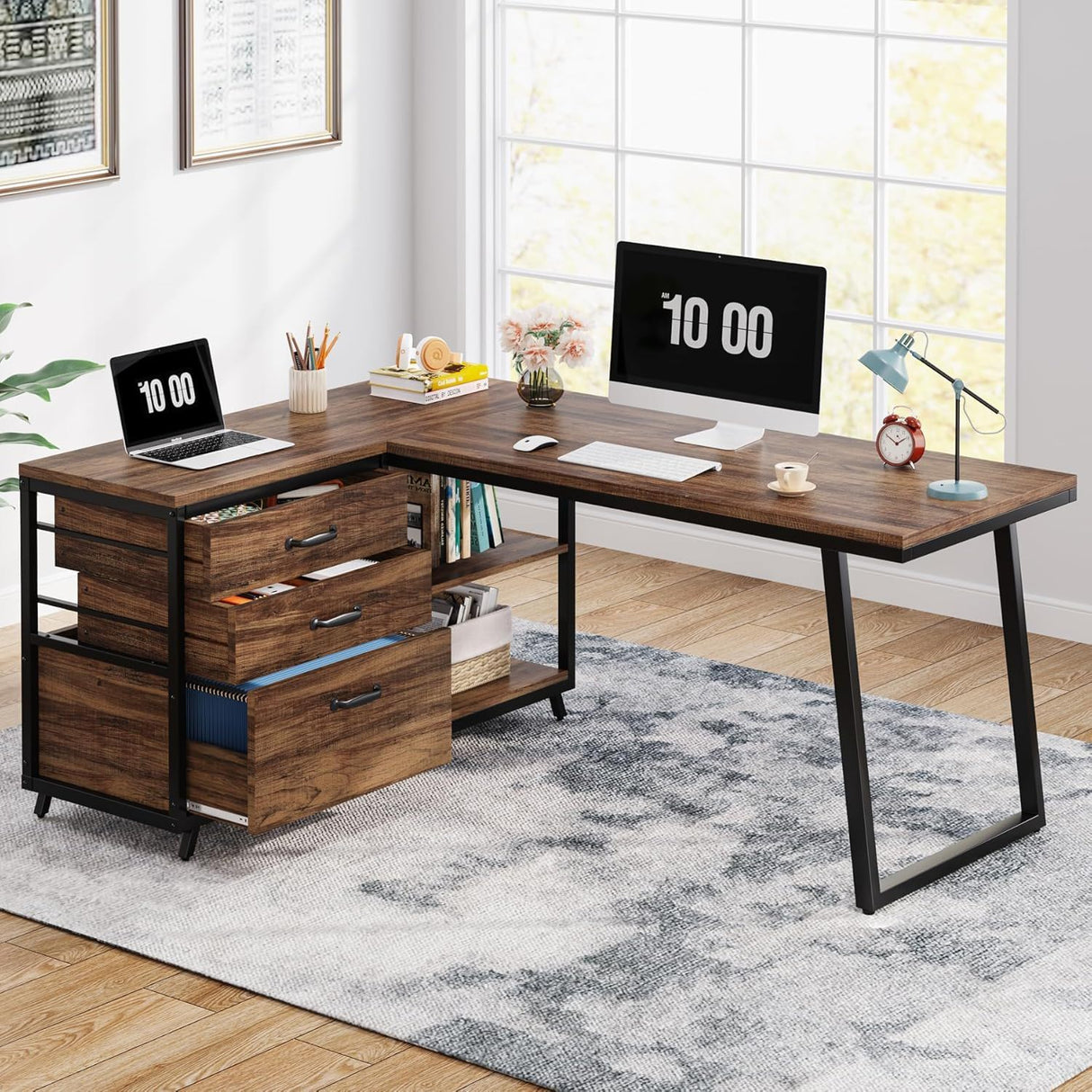 L-Shaped Computer Desk With 3 Drawers And Storage Shelves, Reversible Corner Workstation For Small Rooms - Brown / Black