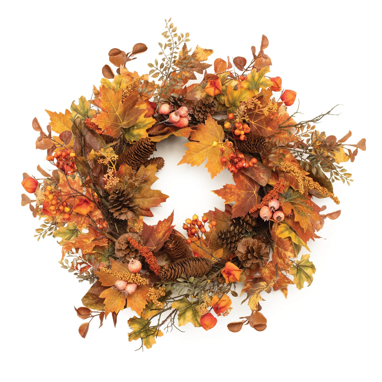 Mixed fall foliage and pincones wreath 26.5"d