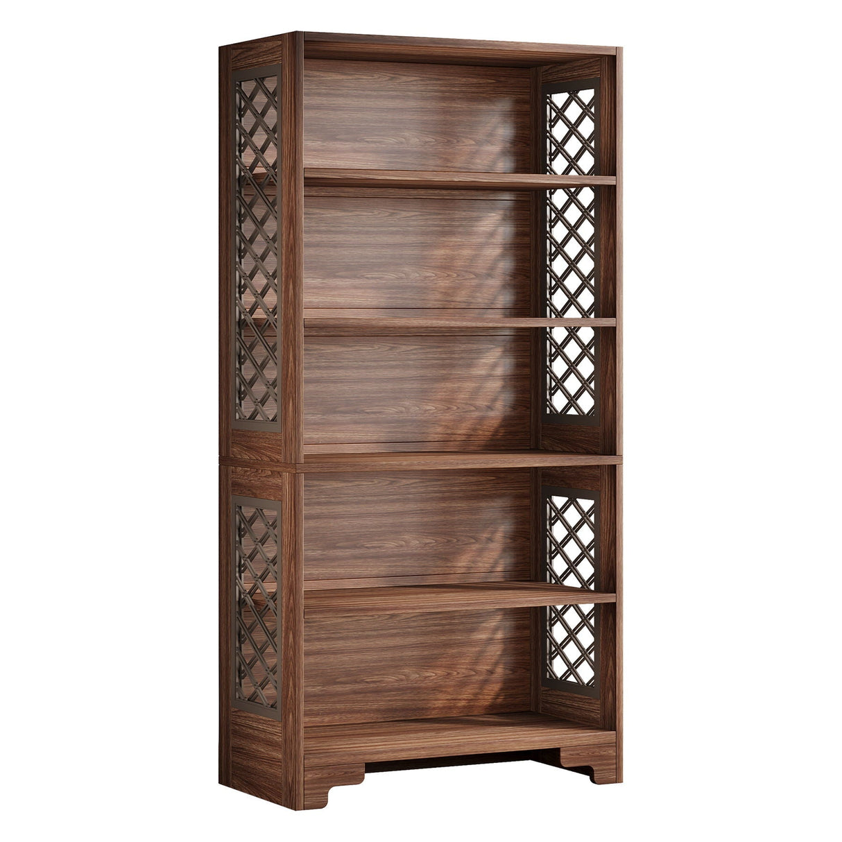 6 Tier Brown Mid Century Bookcase With X Design for Living Room