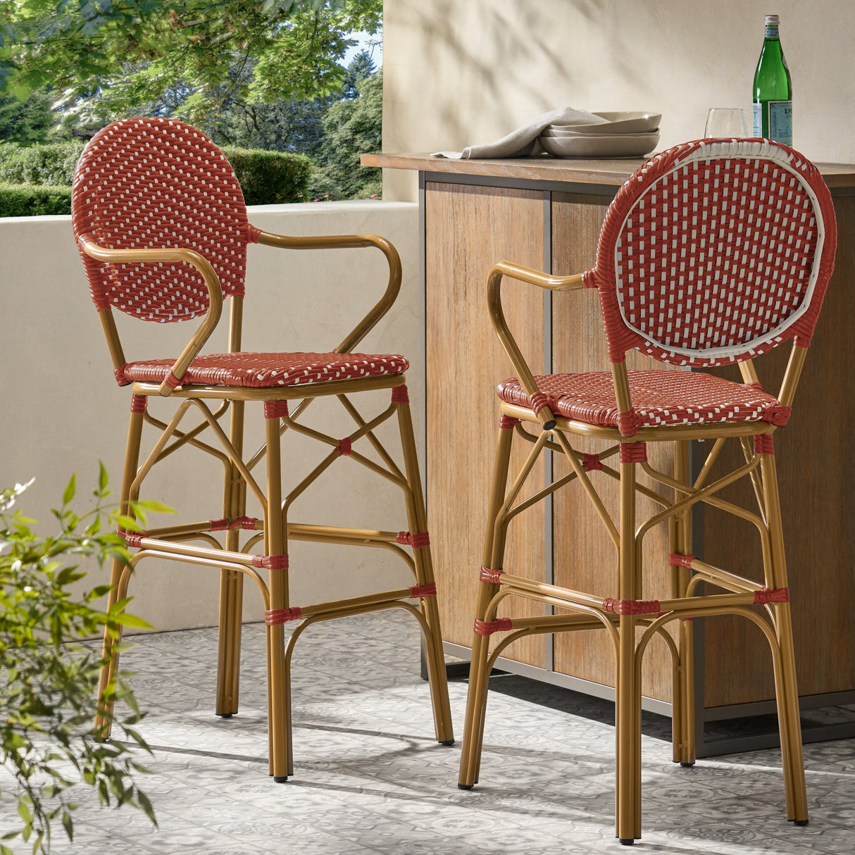 Outdoor Wicker and Aluminum French Barstools, Set of 2
